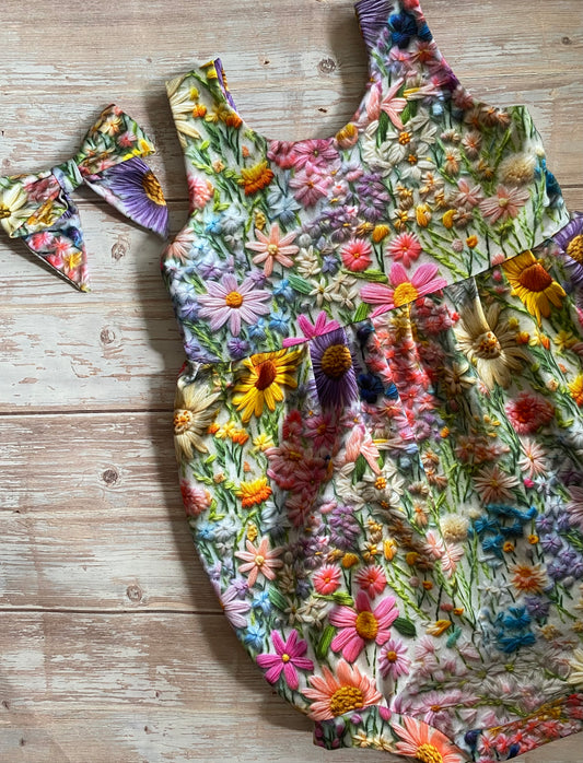 Summer Wildflower Bubble Romper 3-4 Years & Clip in Bow